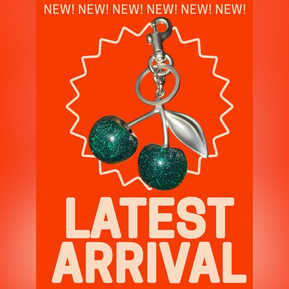 Silver Cherry Keychain/Bag Charm with Green Glitter NWT